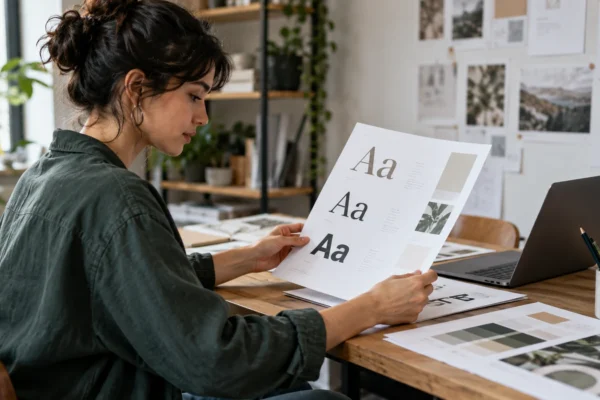 Illustration : Graphiste examinant des caractères et un logo