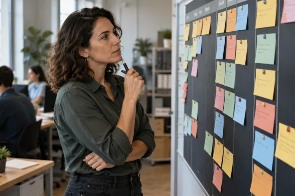Illustration : Responsable support devant un tableau de dossiers