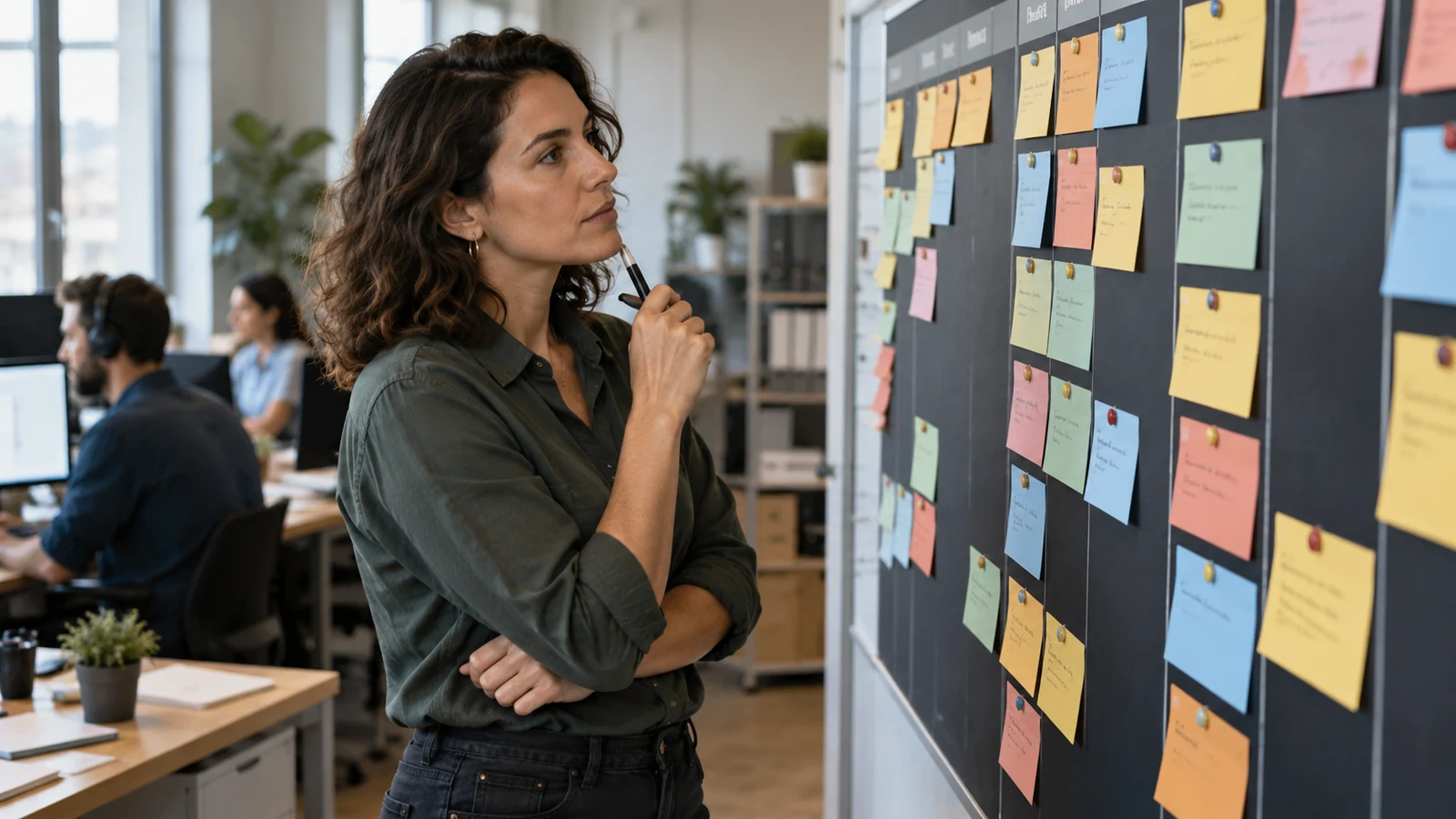 Illustration : Responsable support devant un tableau de dossiers