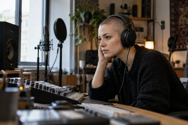 Illustration : Productrice audio écoutant une séquence en studio