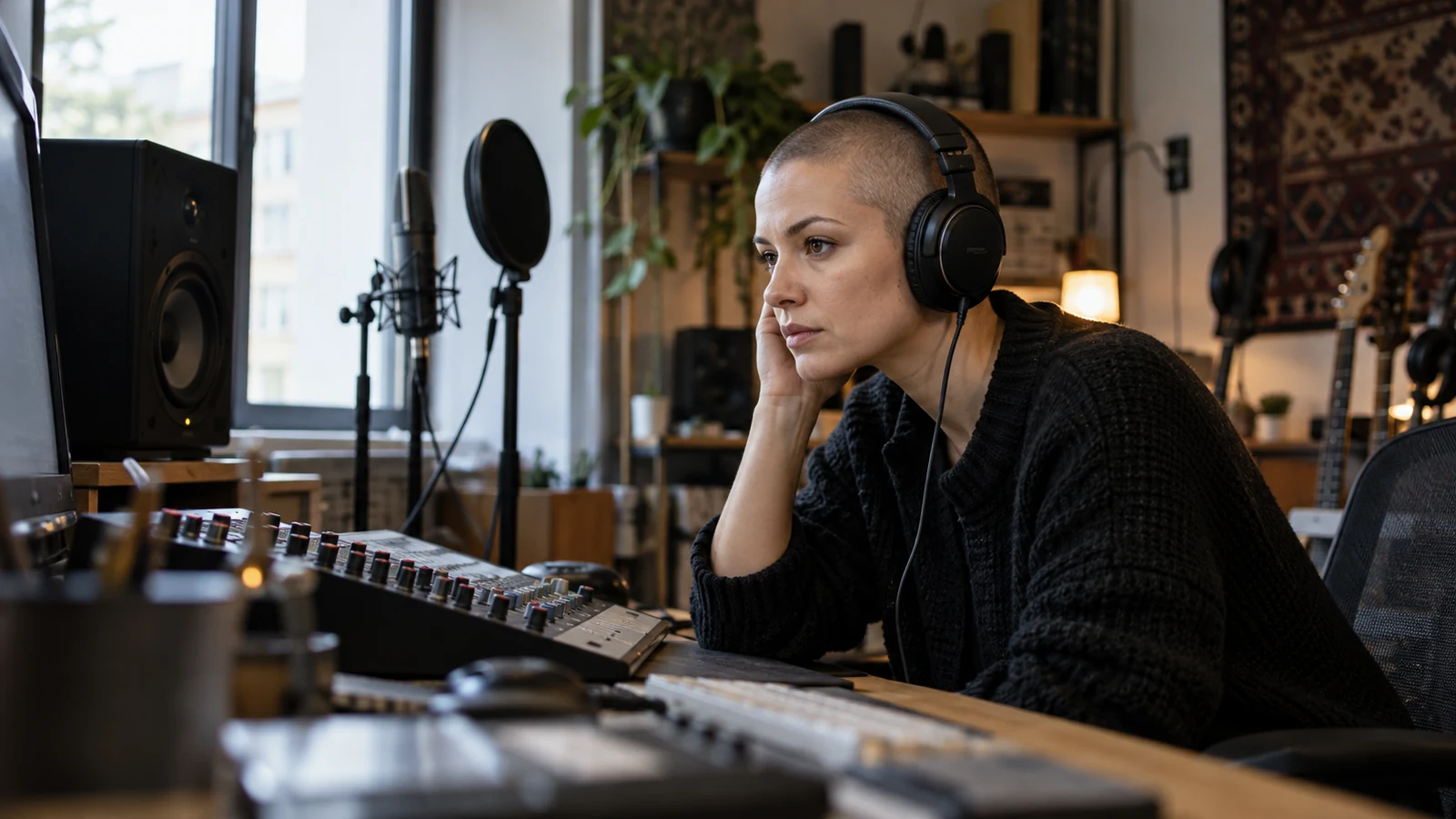 Illustration : Productrice audio écoutant une séquence en studio