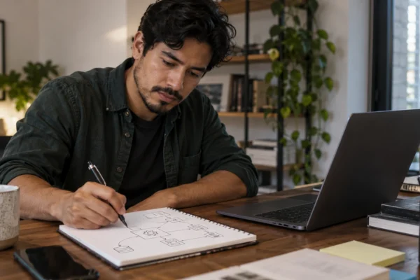 Illustration : Développeur étudiant un parcours de notification technique