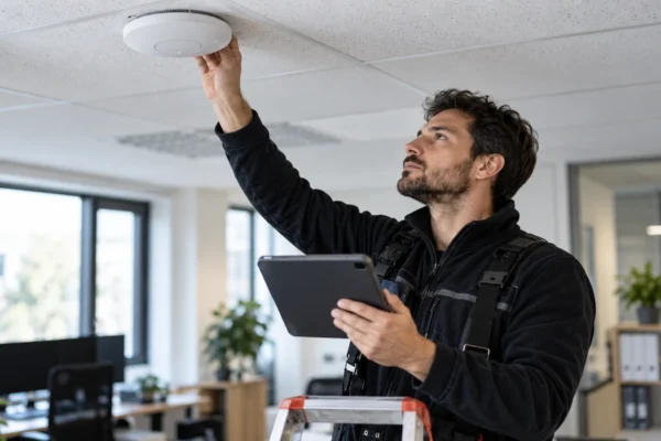 Illustration : Technicien examinant une borne Wi-Fi de bureau