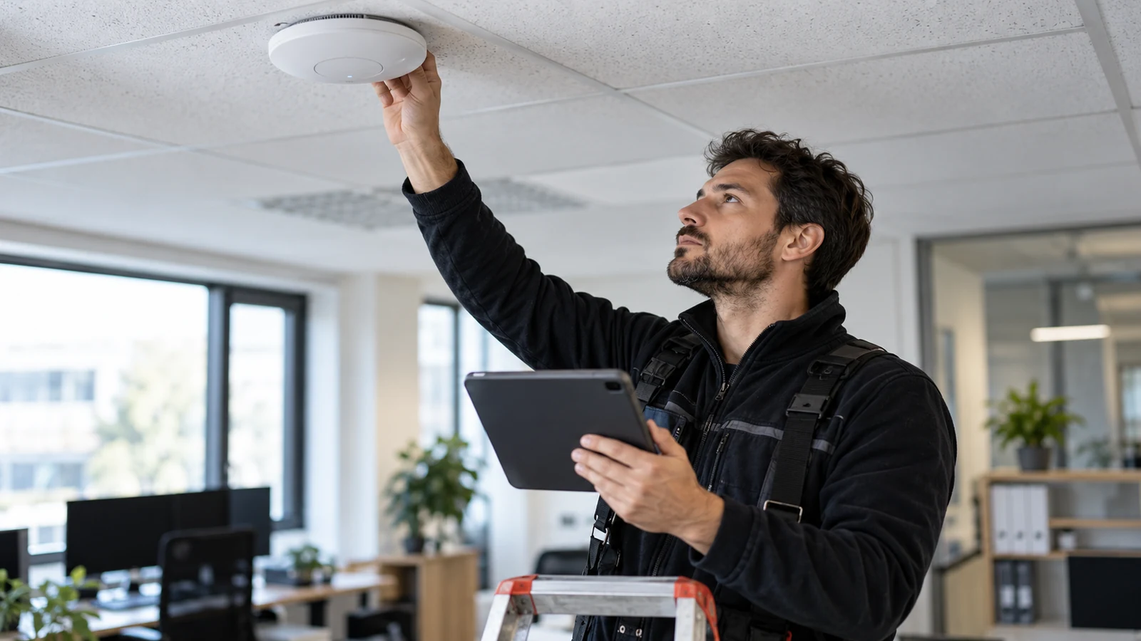Illustration : Technicien examinant une borne Wi-Fi de bureau